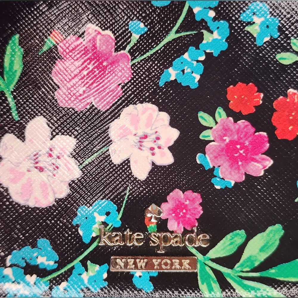 KATE SPADE Black Floral Print Zip Around Wallet Wristlet
